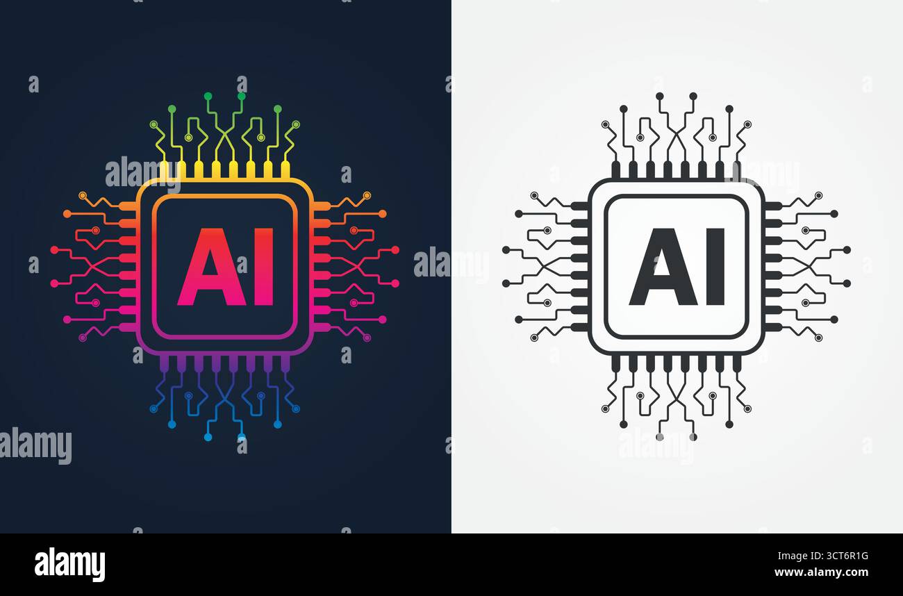 Icona AI Chip: Progettazione di circuiti vibranti e monocromatici per la grafica tecnologica e l'innovazione Illustrazione Vettoriale