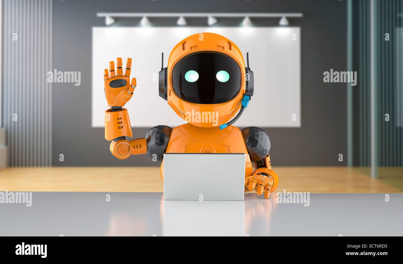 Concetto di lavoratore automatizzato con assistente di rendering 3d che lavora in un ufficio intelligente Foto Stock