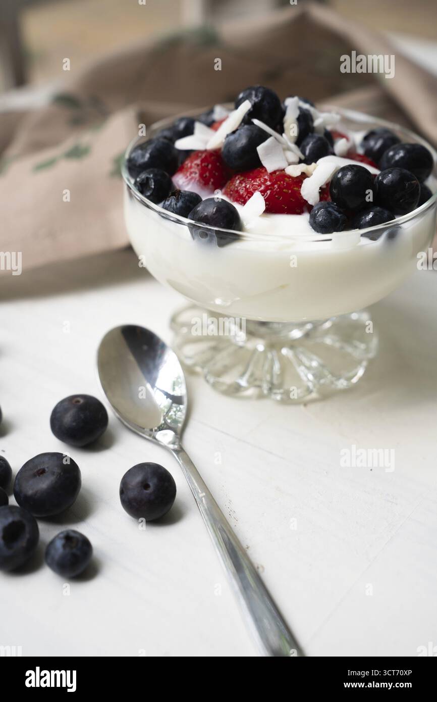 Yogurt con fragole fresche, mirtilli e pezzi di cocco Foto Stock