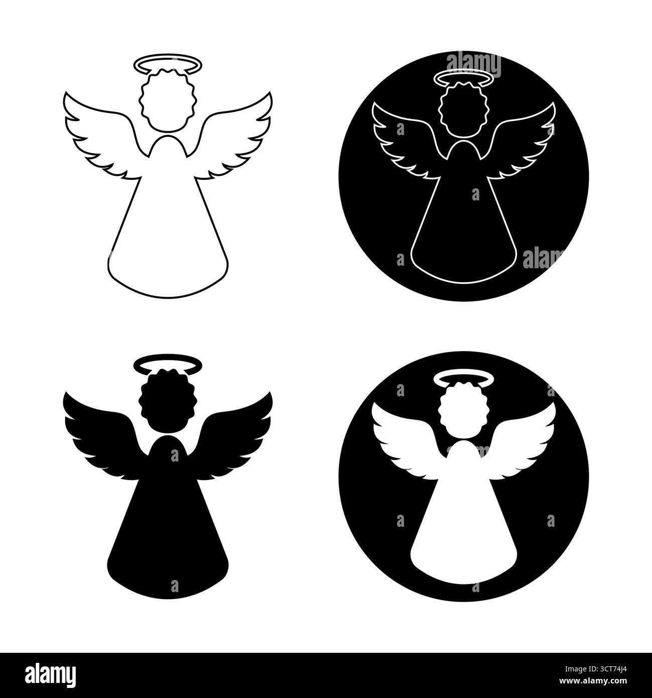 Illustrazione del set di icone di silhouette ad angolo. Ogni figura raffigura un angelo classico con ali, alone e accappatoio, ideale per il Natale, religioso, decorativo. Illustrazione Vettoriale