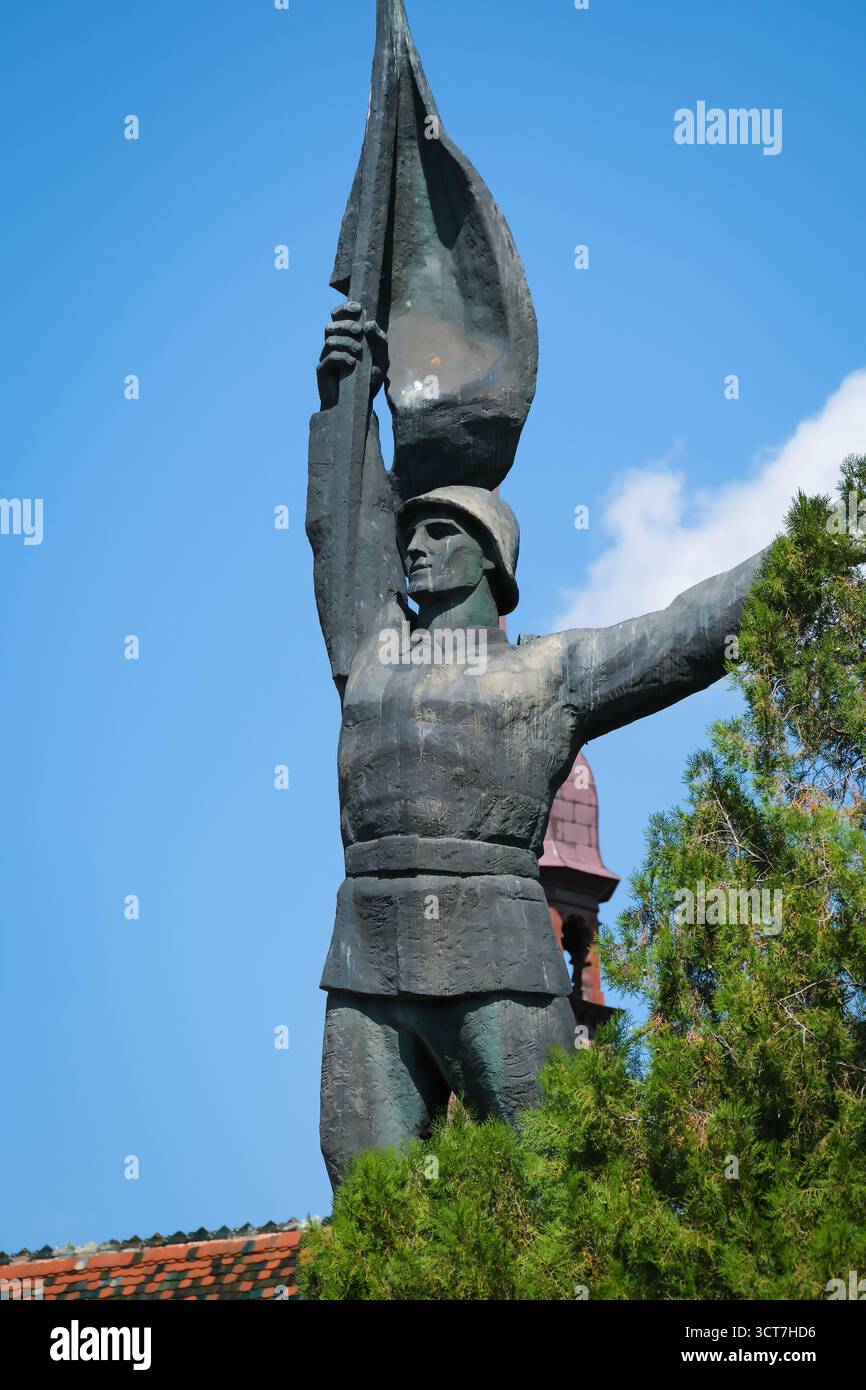 Statua commemorativa di guerra di un soldato che regge una bandiera a Targu Mures, Romania Foto Stock