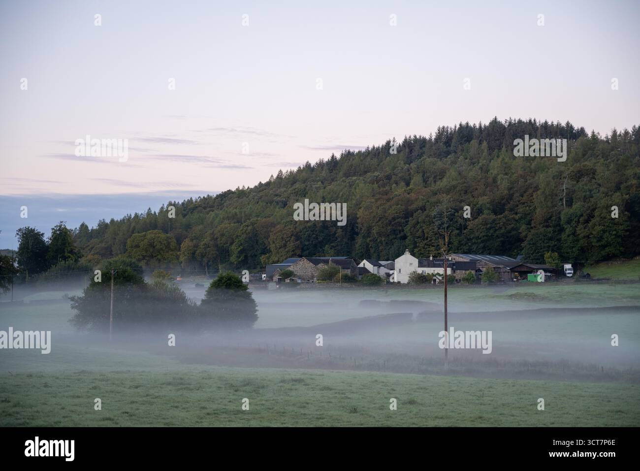 Mattina nebbiosa su terreni agricoli e cottage in Cumbria, con colline ondulate e boschi all'alba. Foto Stock