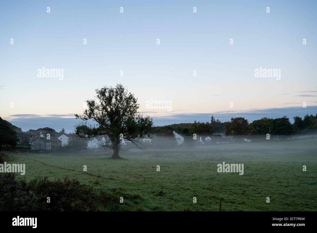 Mattina nebbiosa su terreni agricoli e cottage in Cumbria, con colline ondulate e boschi all'alba. Foto Stock
