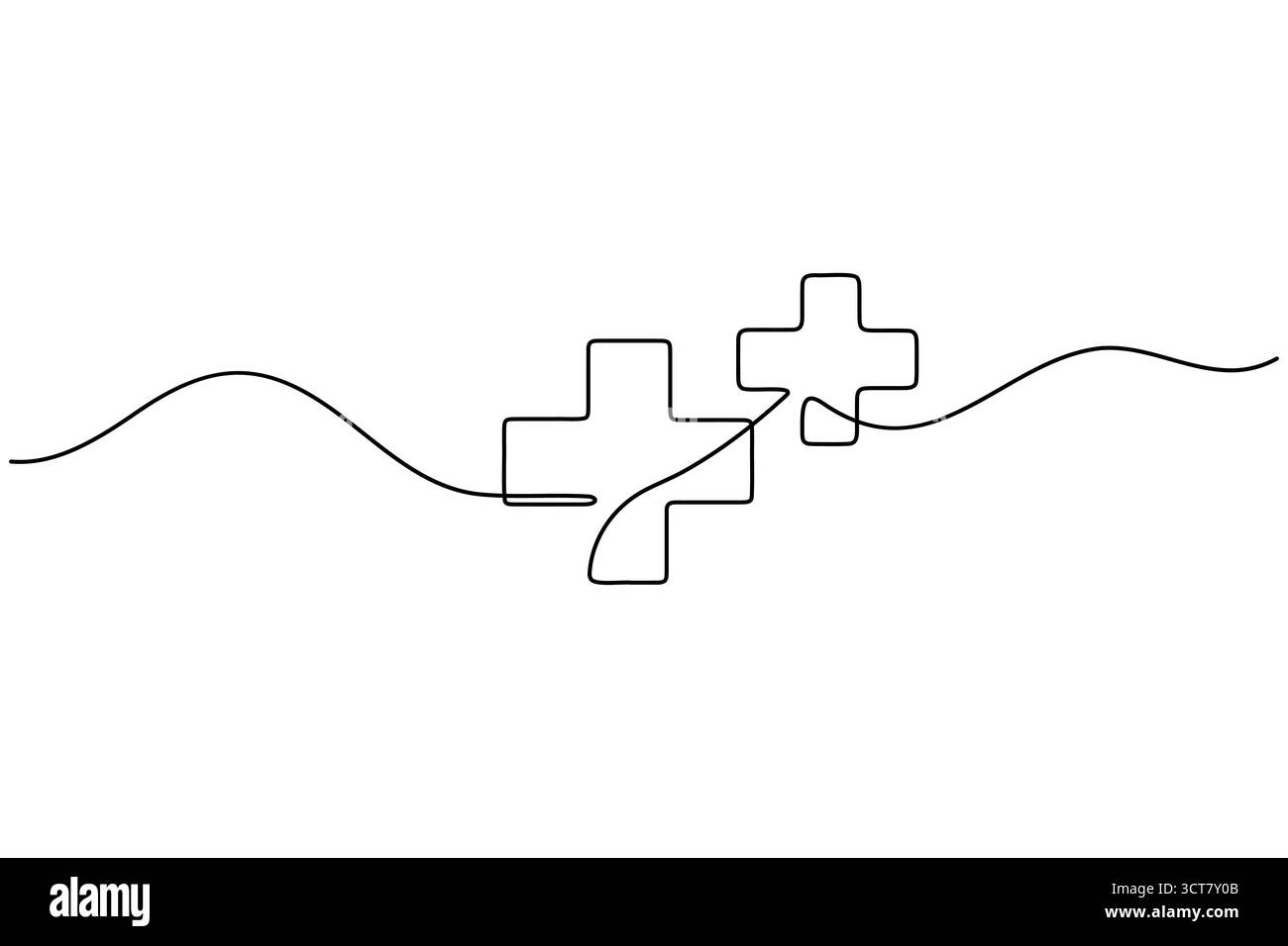 Linea continua di disegno medico incrociato e battito cardiaco concetto di assistenza sanitaria design minimalista Illustrazione Vettoriale