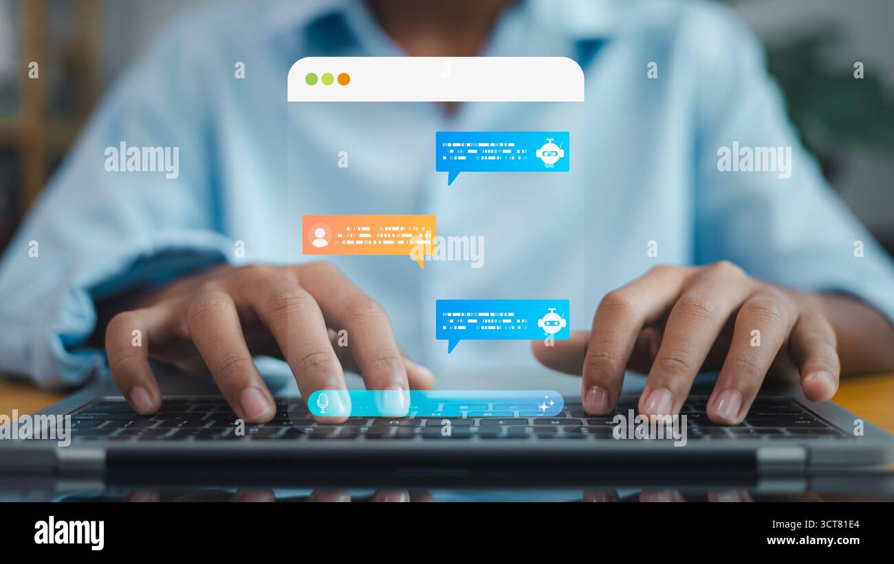 Digitazione degli utenti su notebook con interfaccia di conversazione chatbot virtuale, tecnologia di assistente ai, comunicazione digitale, automazione del servizio clienti e altro ancora Foto Stock