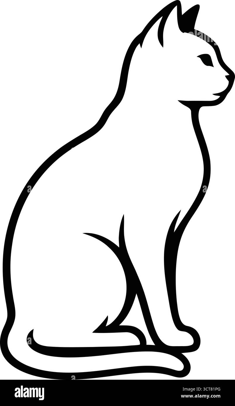 Questa elegante illustrazione in linea presenta il profilo di un gatto seduto, che mostra la sua forma aggraziata e le caratteristiche distintive Illustrazione Vettoriale