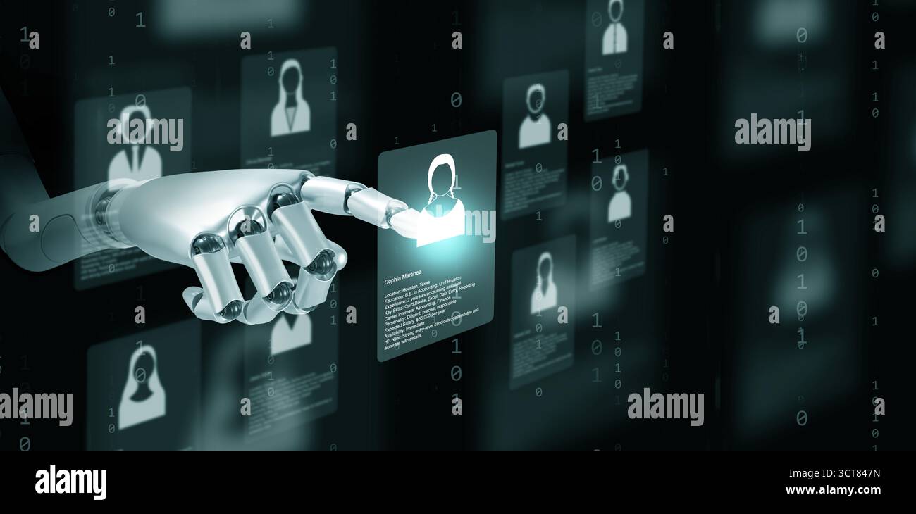 Robot di intelligenza artificiale che analizza e sceglie il profilo del candidato. Concetto di reclutamento con apprendimento automatico, HR digitale, processo di automazione, A. Foto Stock