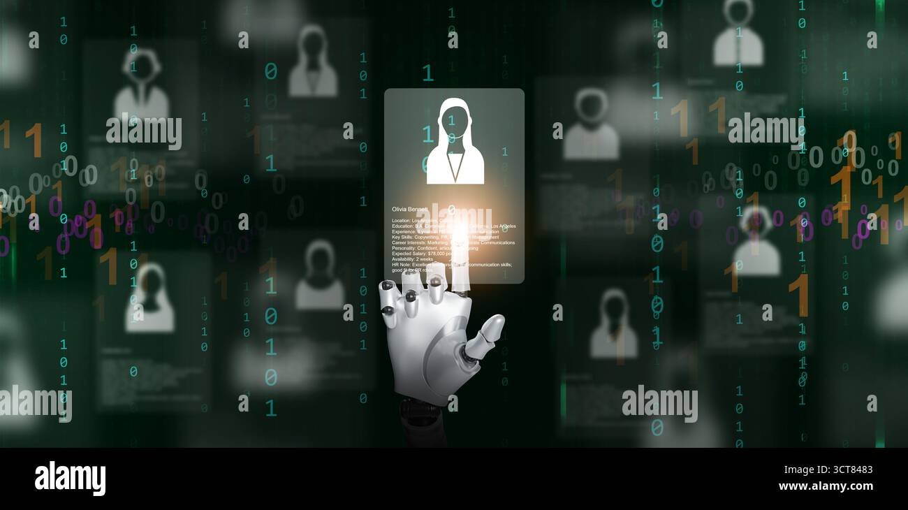 Robot di intelligenza artificiale che analizza le informazioni sui candidati e sceglie la donna giusta candidata. Futuristico concetto HR di reclutamento digitale, au Foto Stock