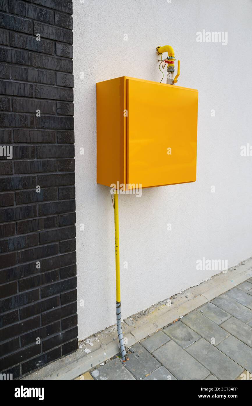 Scatola del contatore del gas di servizio montata sulla parete esterna dell'edificio, infrastruttura di alimentazione dell'energia. Messa a fuoco selettiva. Foto Stock