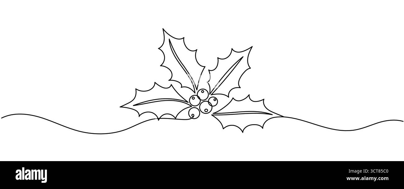 Bacca di Holly disegnata da una linea. Schizzo floreale. Errore di disegno linea continua. Illustrazione vettoriale semplice tratto modificabile. Illustrazione Vettoriale
