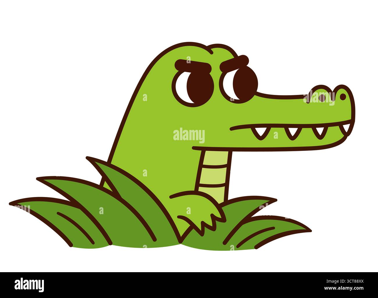 Carino cartone animato arrabbiato alligatore che disegna, coccodrillo sbircia dal verde. Semplice illustrazione vettoriale disegnata a mano. Illustrazione Vettoriale