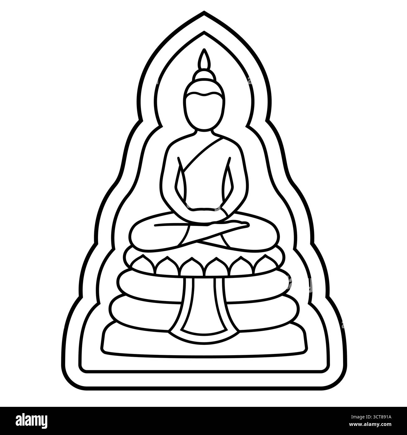 Statua di Buddha tailandese o icona dell'amuleto, buddhismo Theravada in stile sud-est asiatico. Semplice grafica in bianco e nero, illustrazione vettoriale isolata. Illustrazione Vettoriale