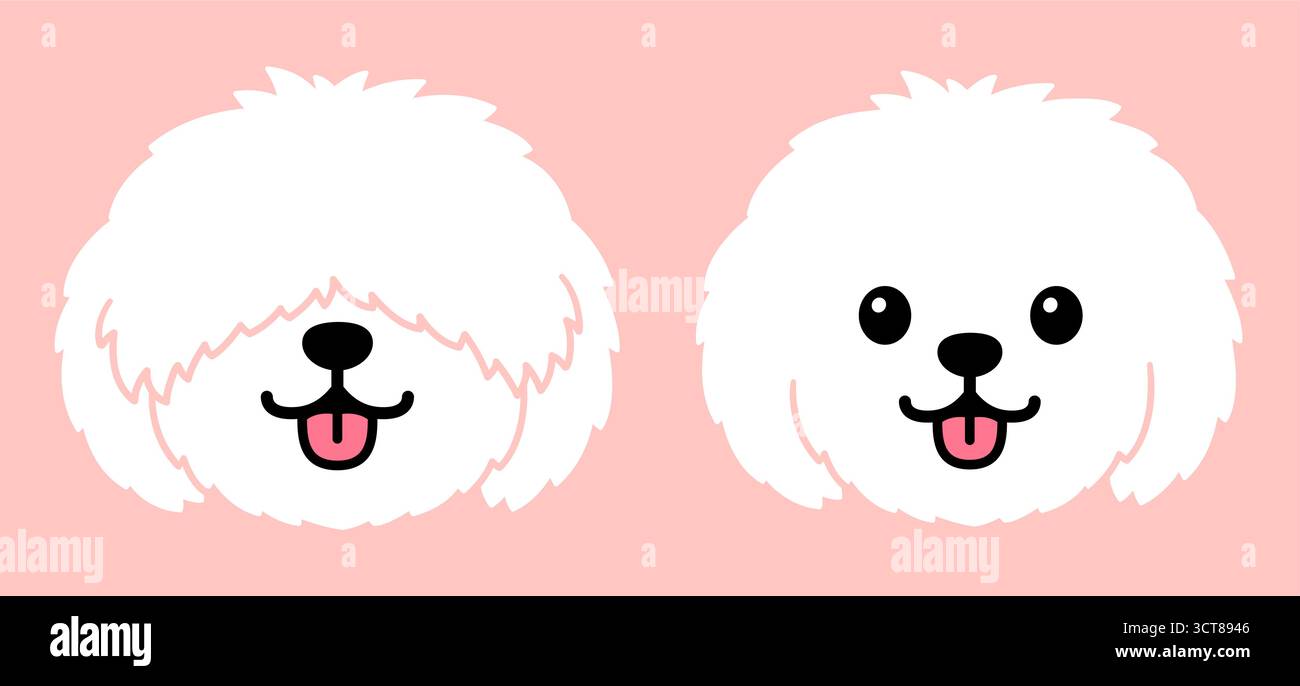 Carino cartone animato piccolo soffice volto bianco cane su sfondo rosa. Maltese, Bichon Frise, Coton de Tulear. Divertente illustrazione grafica di clip vettoriali. Illustrazione Vettoriale