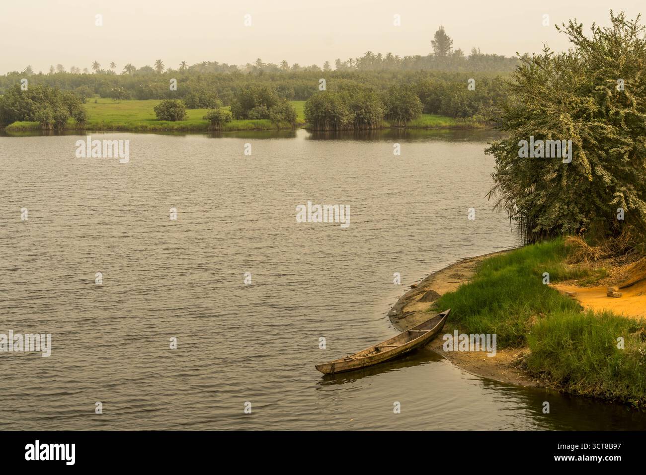 Tranquillo ambiente lungo il fiume nel Benin, Africa occidentale, con vegetazione lussureggiante, una piccola barca e acque calme in un'atmosfera nebulosa. Foto Stock