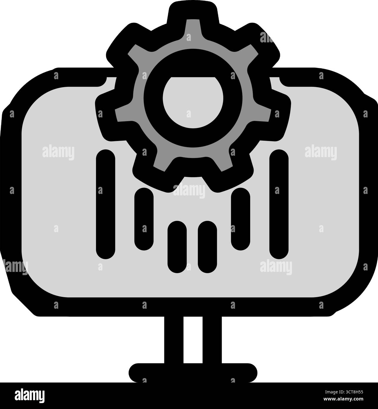 Questa icona moderna raffigura un ingranaggio sullo schermo di un computer con barre dati, ideale per rappresentare metodologie agili, processi scrum e gestione dei progetti Illustrazione Vettoriale Questa icona moderna raffigura un ingranaggio sullo schermo di un computer con barre dati, ideale per rappresentare metodologie agili, processi scrum e gestione dei progetti Illustrazione Vettoriale