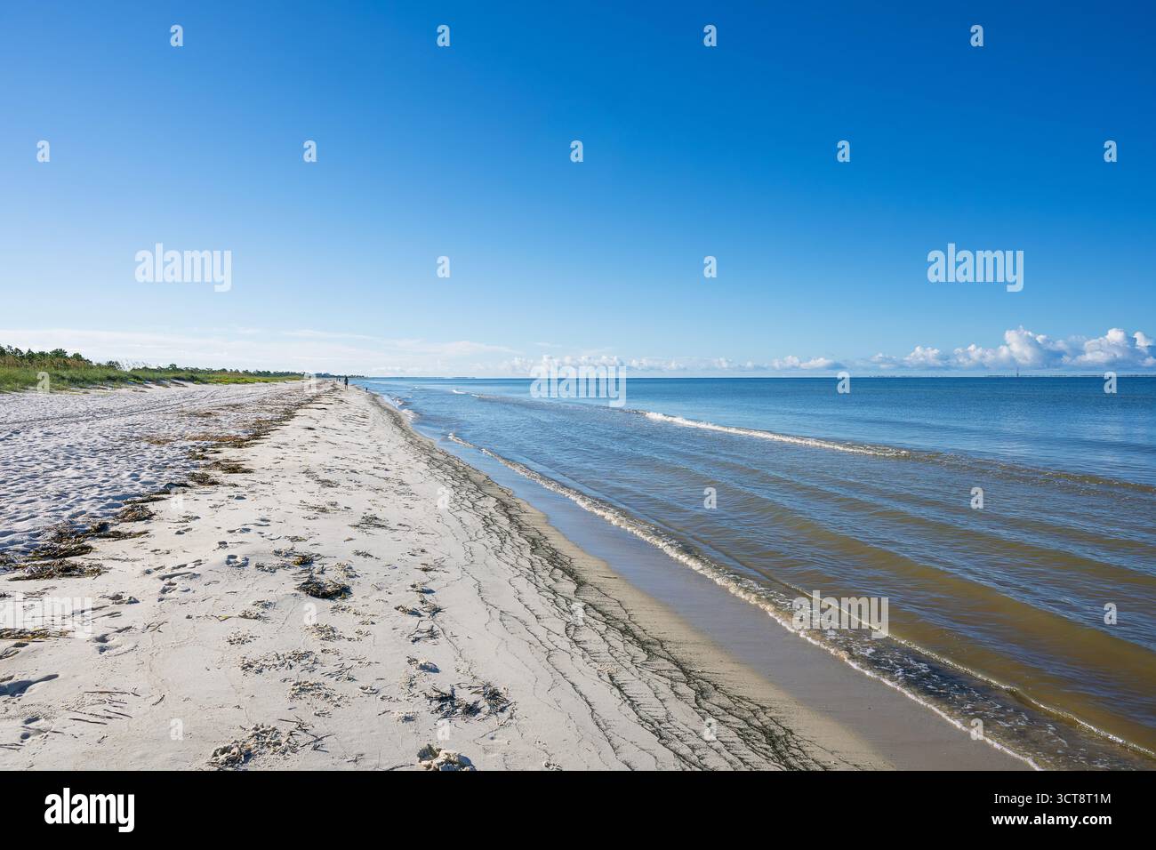 Le tranquille rive di Port St. Joe Beach, dove le dolci onde si incontrano con la sabbia bianca incontaminata sotto un vasto cielo blu, come le figure lontane e non riconosciute si stagliano Foto Stock