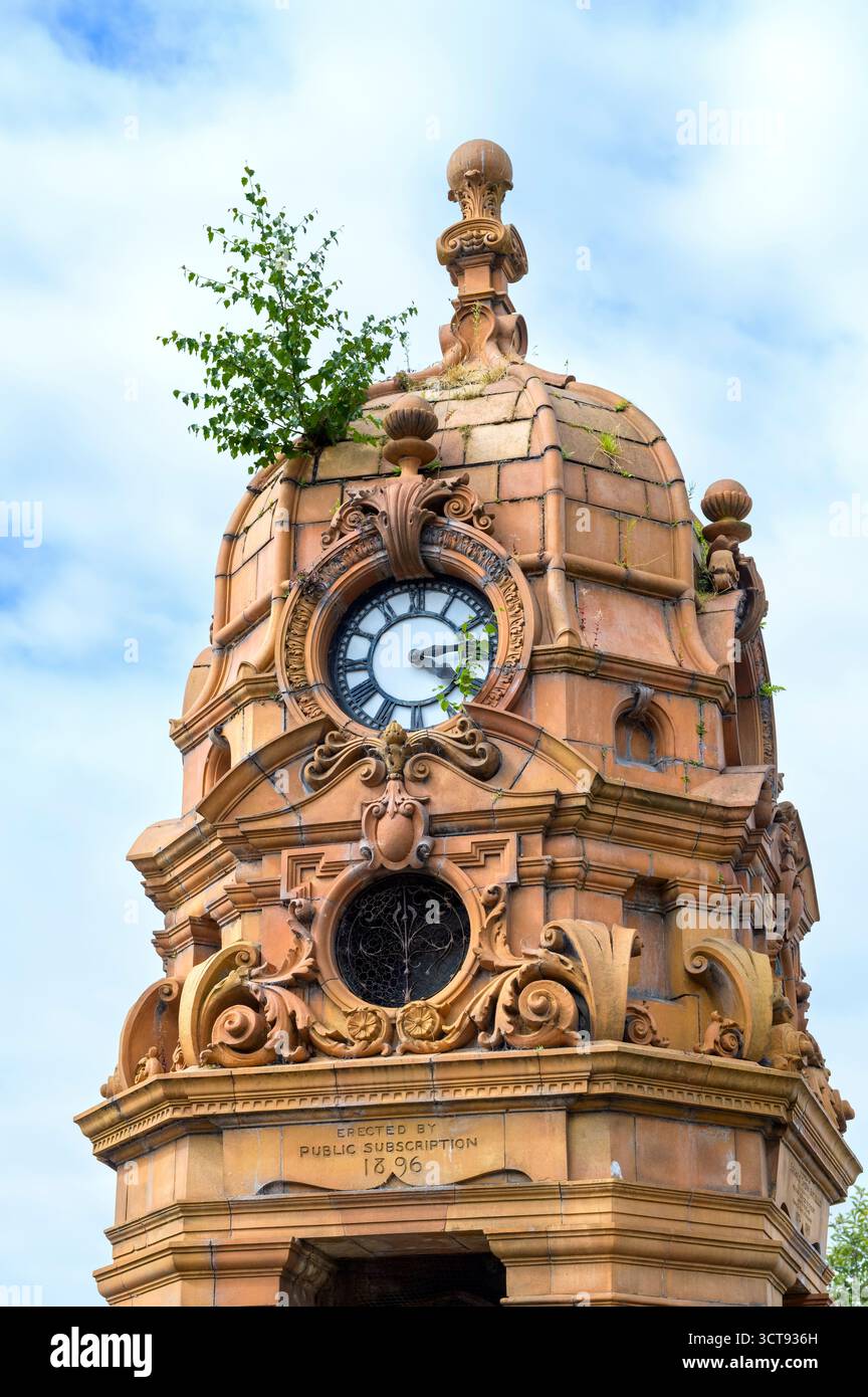 Dettaglio di una pianta invasiva che cresce sulla Cameron Memorial Fountain, Sauchiehall Street a Charing Cross, Glasgow, Scozia, Regno Unito Foto Stock