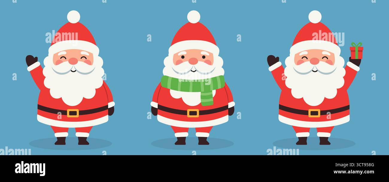 Una serie di illustrazioni natalizie a cartoni animati. Divertente e felice Babbo Natale. Illustrazione Vettoriale