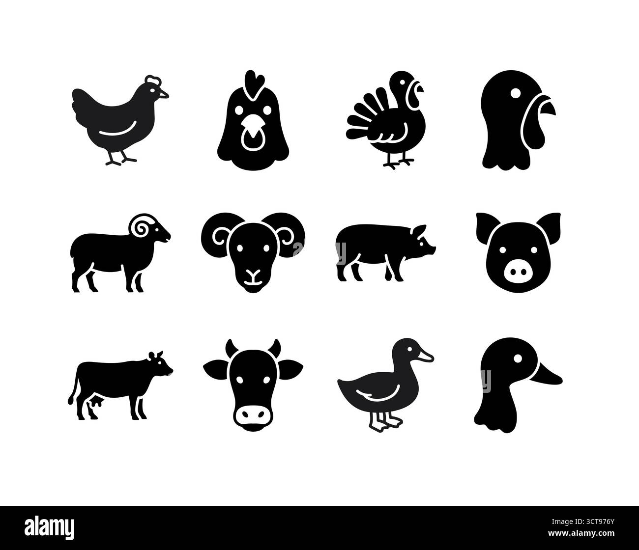 Raccolta di 12 icone del glifo nero animali d’allevamento e pollame, compresi suini, vacche, ovini, tacchini, polli e anatre. Disegno vettoriale piatto minimalista f Illustrazione Vettoriale