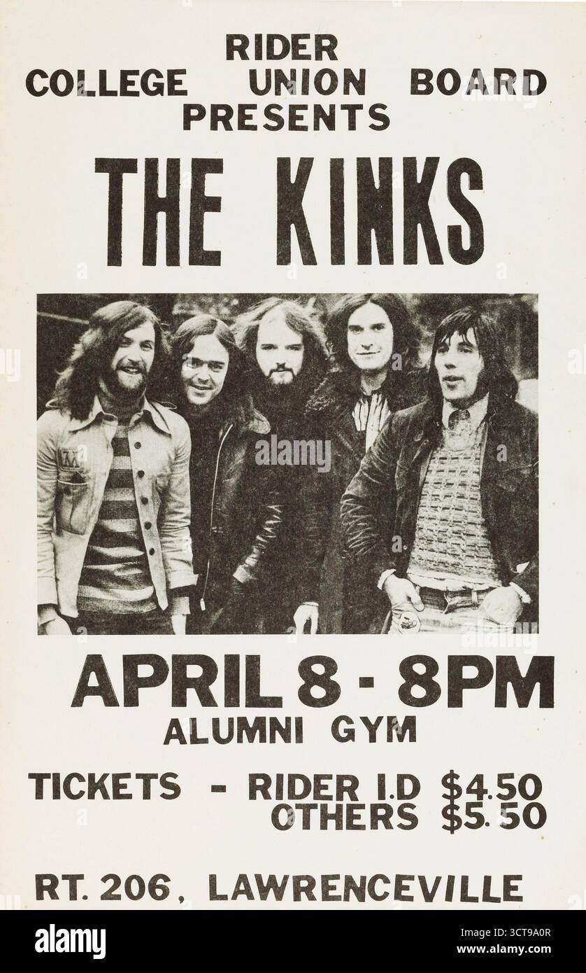 The Kinks - Rider College, Lawrence Township, Alumni Gym, New Jersey - poster dei concerti d'epoca, 8 aprile 1973 Foto Stock