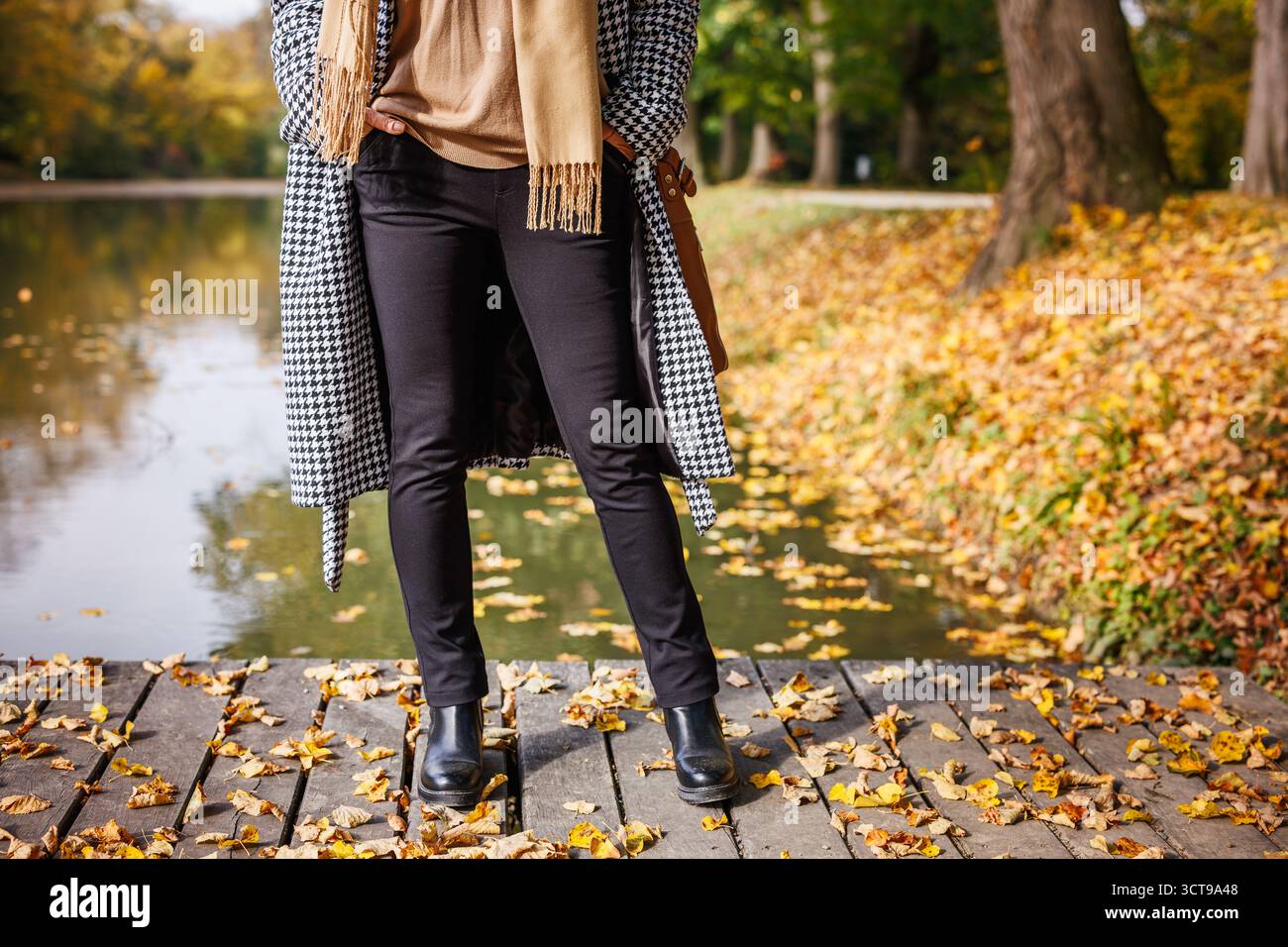 Stile di vita autunnale. Donna elegante che indossa un cappotto pied de poule e pantaloni neri in piedi accanto al laghetto nel parco autunnale Foto Stock