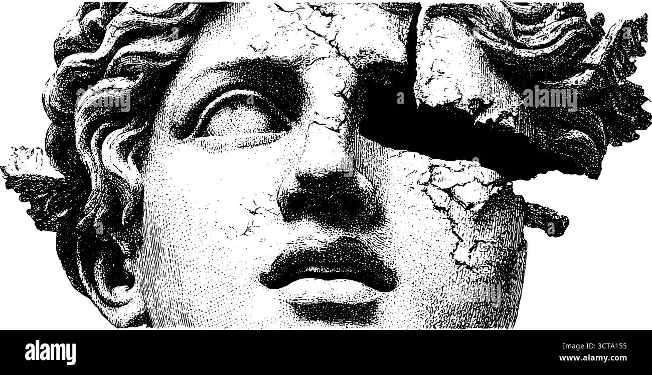 Antica arte scultorea con dettagli spezzati nella tecnica del dotwork per uso progettuale. Illustrazione Vettoriale