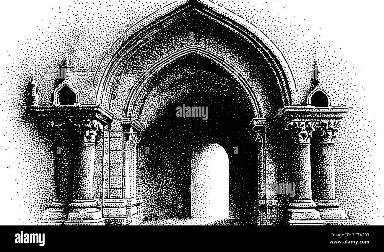Disegna illustrazioni tratteggiate di arco storico della chiesa con intricati dettagli architettonici. Illustrazione Vettoriale