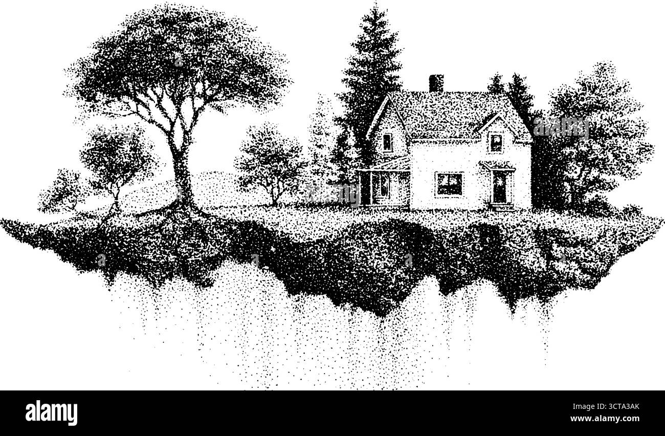 Casa galleggiante con alberi in un'illustrazione dettagliata a forma di trame. Illustrazione Vettoriale