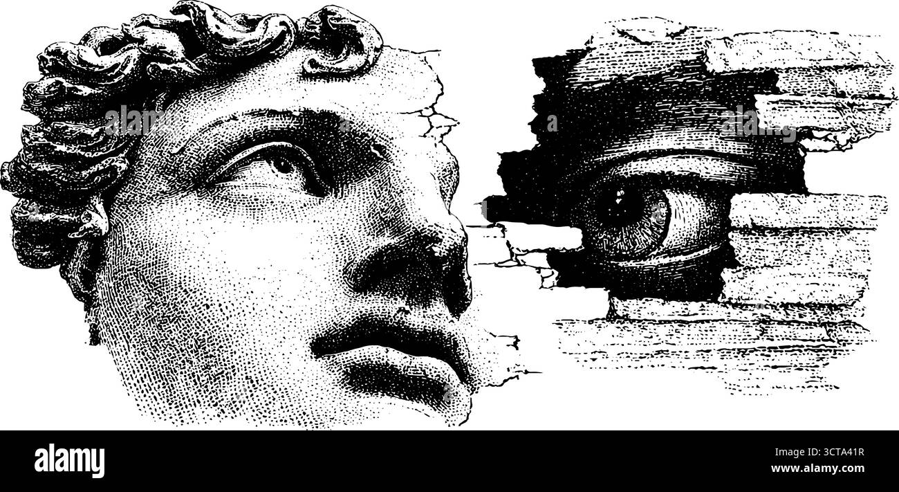 Opere d'arte punteggiate di frammenti di scultura classica con design ad occhio inciso. Illustrazione Vettoriale