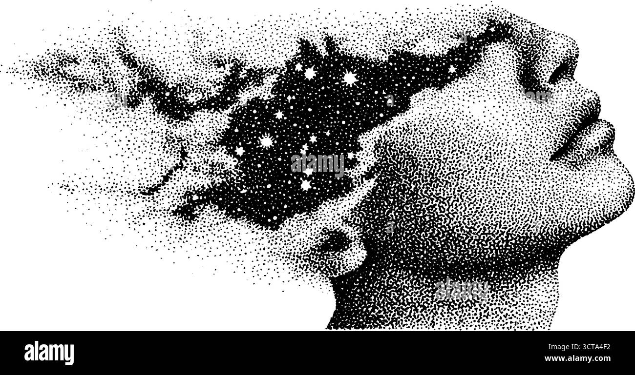 Sogni cosmici: L'arte dettagliata di una silhouette umana evoca immaginazione e meraviglia. Illustrazione Vettoriale