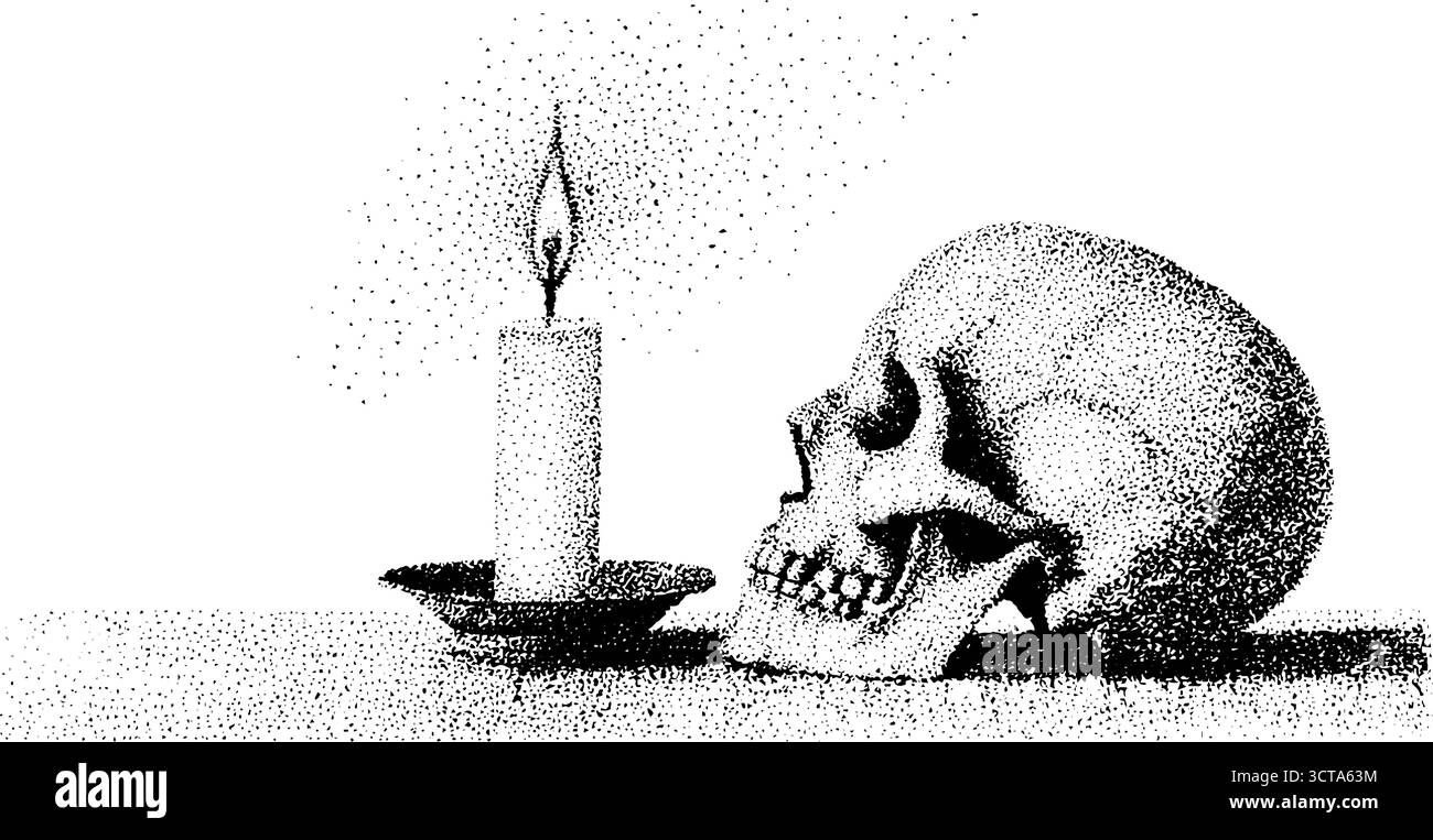 Intricata scena di candelabri e teschio per il design di halloween. Illustrazione Vettoriale