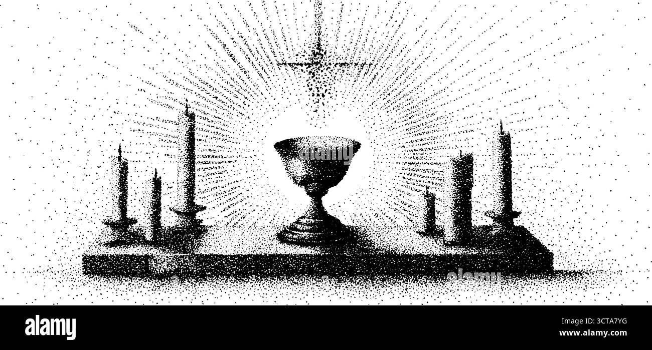 Intricate opere tratteggiate che caratterizzano il disegno di un altare sacro con candele e calice per l'arte e l'arredamento religiosi. Illustrazione Vettoriale