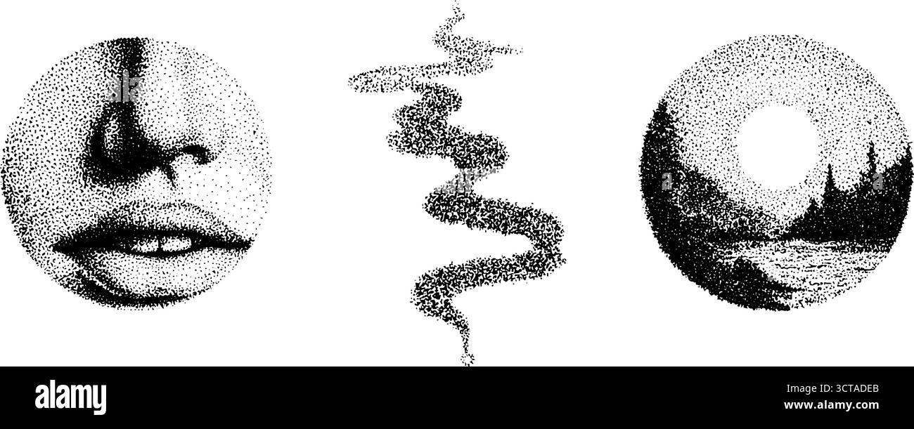 Aloni astratti stipple dotwork caratterizzati da circuito ed elementi naturali per ispirare il design. Illustrazione Vettoriale