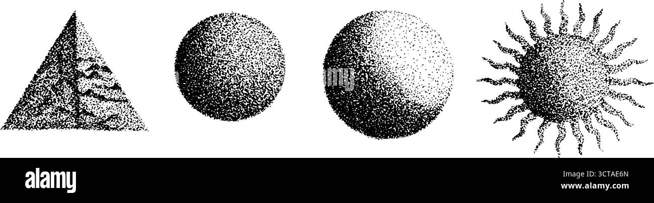 Simboli elementari in stile dotwork con design a piramide, sfera e sole per progetti artistici. Illustrazione Vettoriale