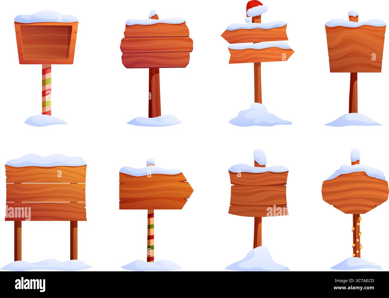 Cartelloni di Natale. Cartelli invernali in legno con paraspruzzi. Segnaletica stradale e puntatore con decorazioni natalizie, cappello di babbo natale e ghirlanda, set vettoriale sapid Illustrazione Vettoriale