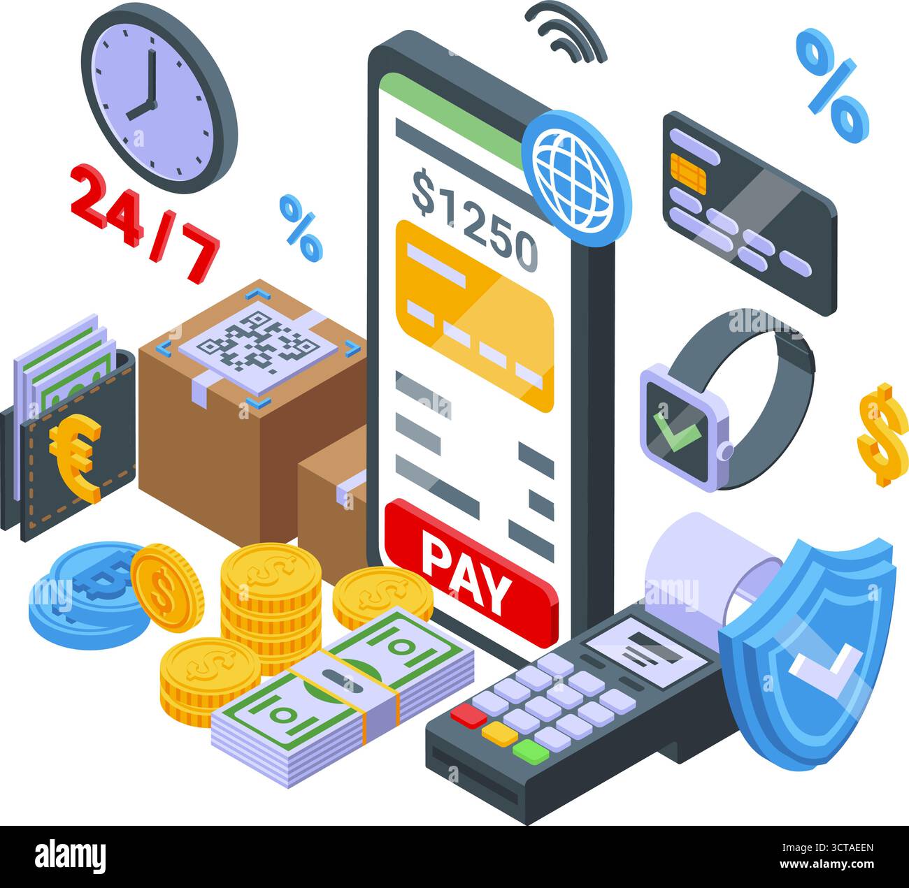 Concetto di pagamento online isometrico. Paga le bollette con smartphone e app, pagamenti mobili di sicurezza. Shopping e consegna digitale, e-commerce, vettoriali Illustrazione Vettoriale