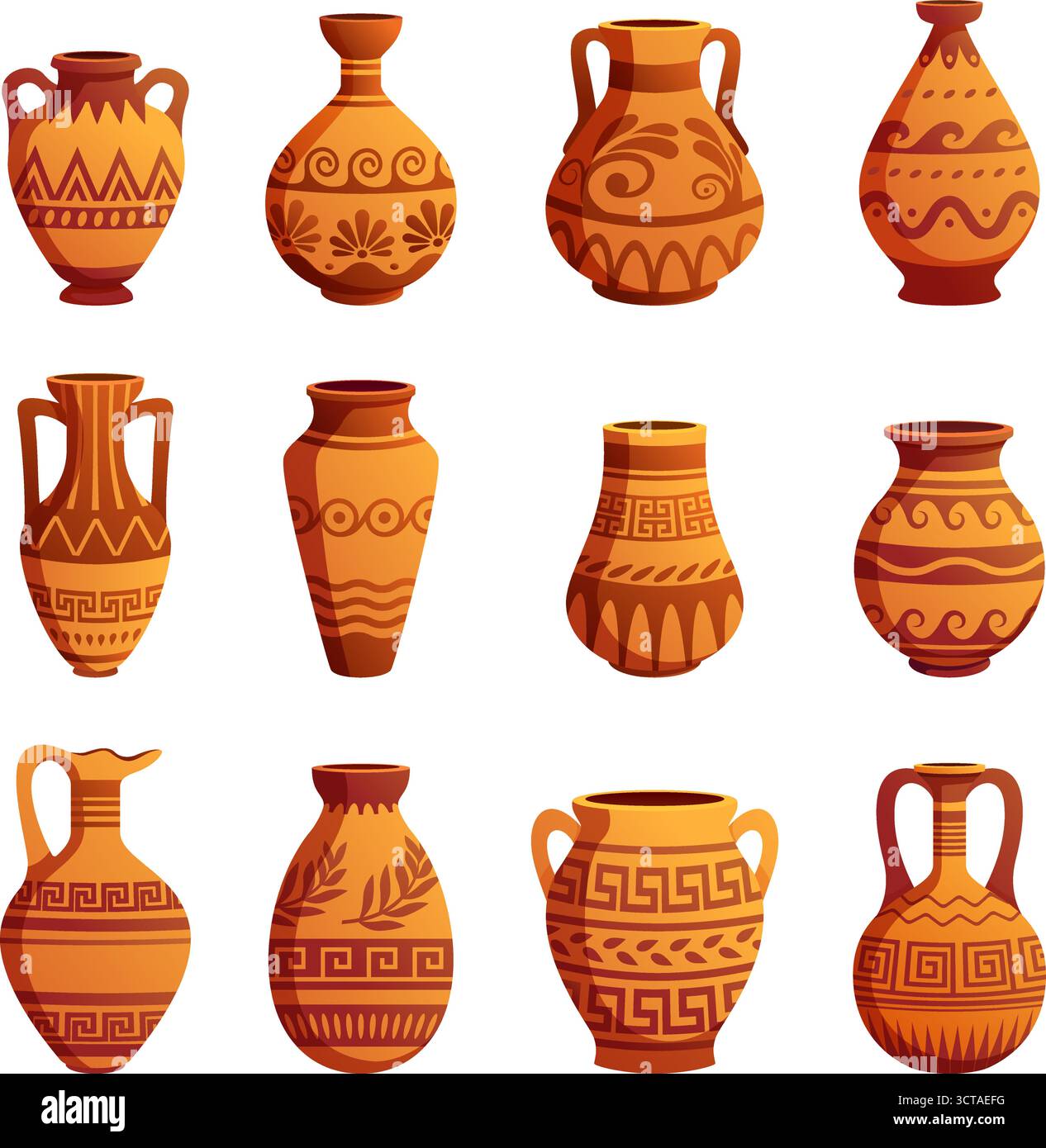 Pentole in stile greco. Vaso e vaso in ceramica cartoni animati con ornamenti decorativi antichi. Vasi isolati, stoviglie artigianali in argilla dell'antica grecia, sapid Vector se Illustrazione Vettoriale