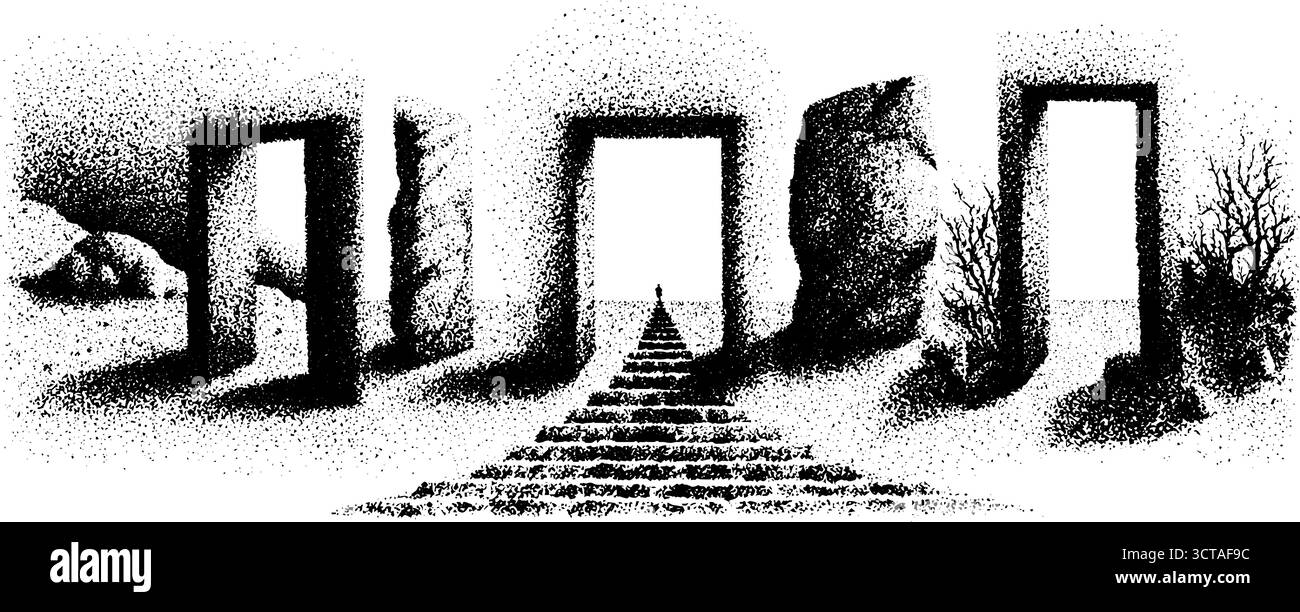 Paesaggi mistici con cancelli luccicanti in dettagli punteggiati irradiano l'arte: Design per stampe e poster. Illustrazione Vettoriale