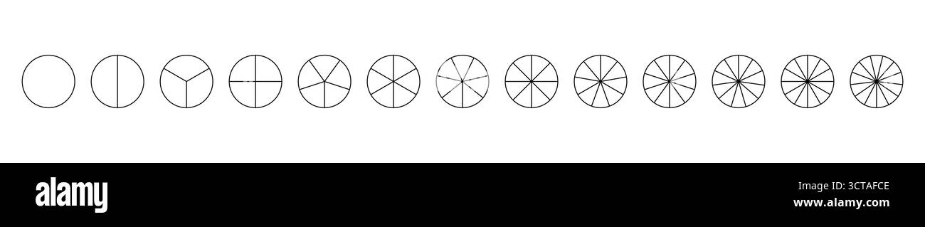 Grafici segmentati. Parti della ruota dello schema da 1 a 13. Modello del grafico a torta. I settori dividono il cerchio su parti uguali. Vuoto coaching. Contorno nero Illustrazione Vettoriale