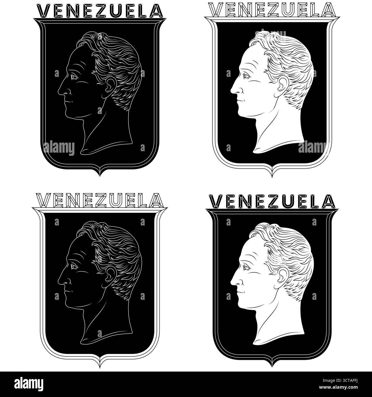 Profilo busto di Simón Bolívar, liberatore del Venezuela, busto di Simón Bolívar su uno scudo araldico Illustrazione Vettoriale