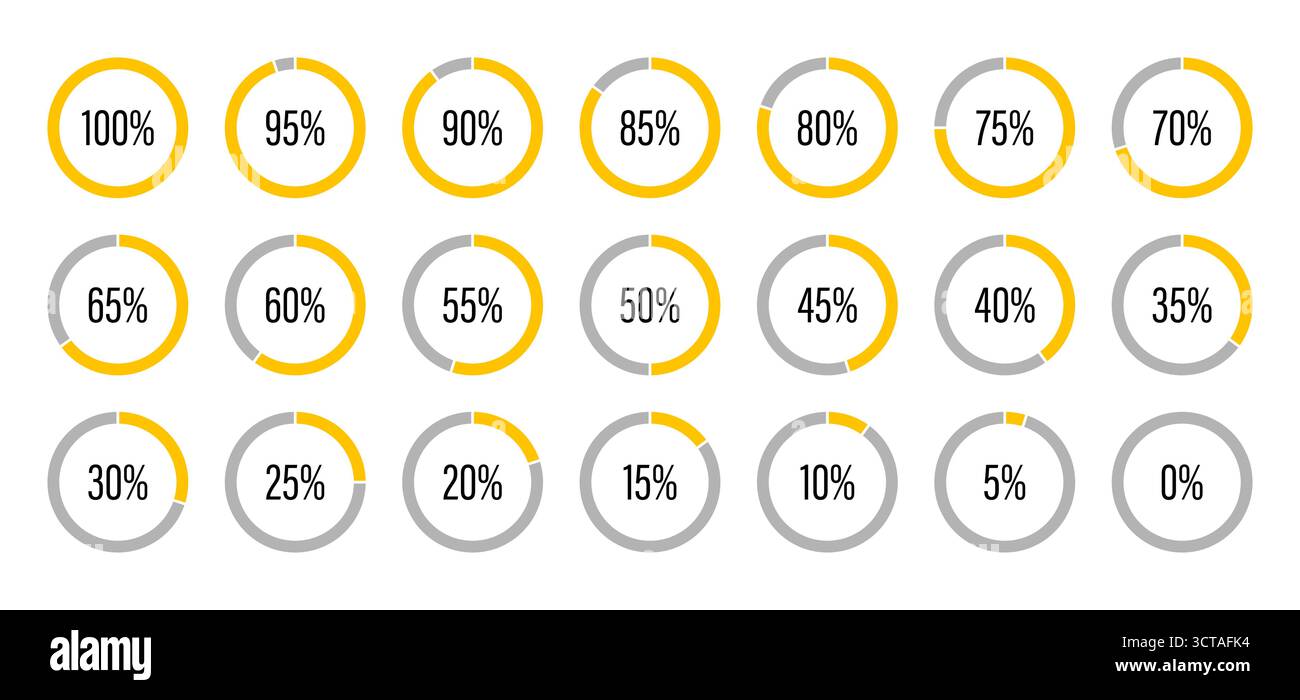 Barre di avanzamento. Modello di indicatore grafico a torta di colore giallo e grigio. Icone dei diagrammi circolari per infografiche da 0 a 100%. Grafico rotondo Illustrazione Vettoriale