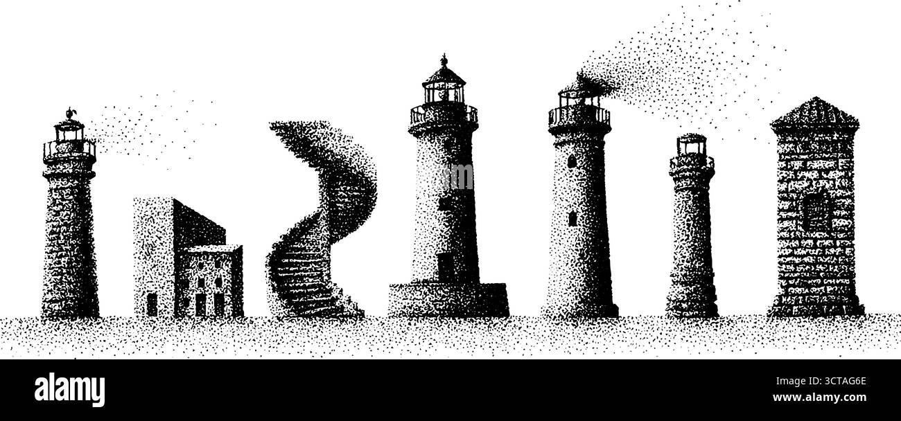 Intricati lavori punteggiati che raffigurano diversi fari per uso artistico e di design. Illustrazione Vettoriale