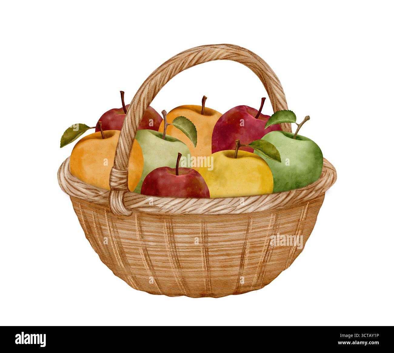 Un cestino splendidamente illustrato pieno di mele vivaci, ideale per temi stagionali e immagini di benessere. Composizione isolata disegnata a mano in acquerello per la progettazione di imballaggi, materiali stampati, siti Web e altro ancora Foto Stock