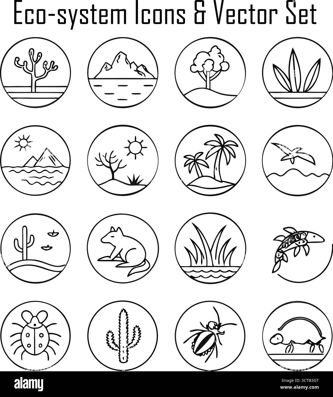 Set di icone dell'ecosistema: Simboli di conservazione ambientale, natura e biodiversità in un design minimale piatto Illustrazione Vettoriale