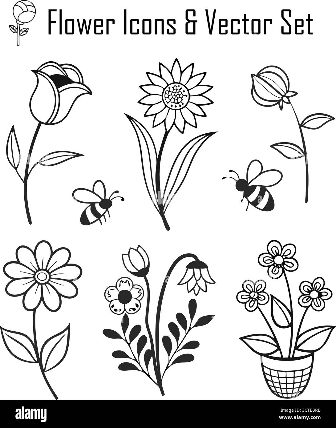 Set icone dei fiori - simboli floreali, botanici e naturali in un design minimale piatto Illustrazione Vettoriale