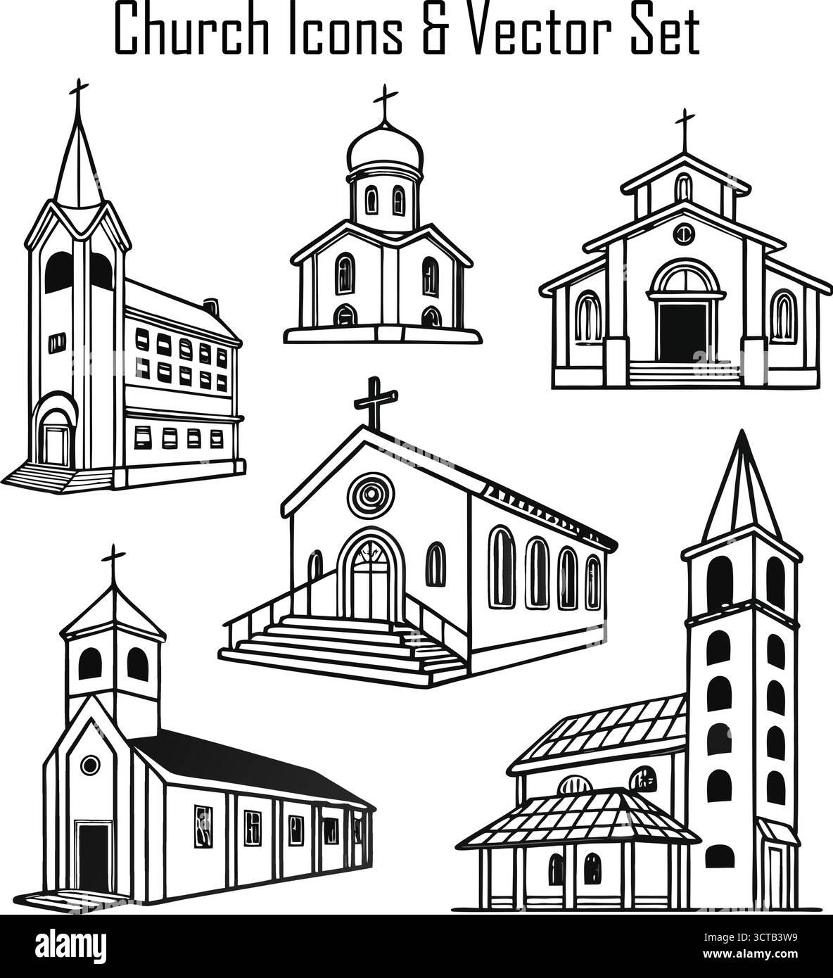 Set di icone della Chiesa storica - architettura religiosa, edificio della Cattedrale e illustrazione dei simboli del cristianesimo Illustrazione Vettoriale