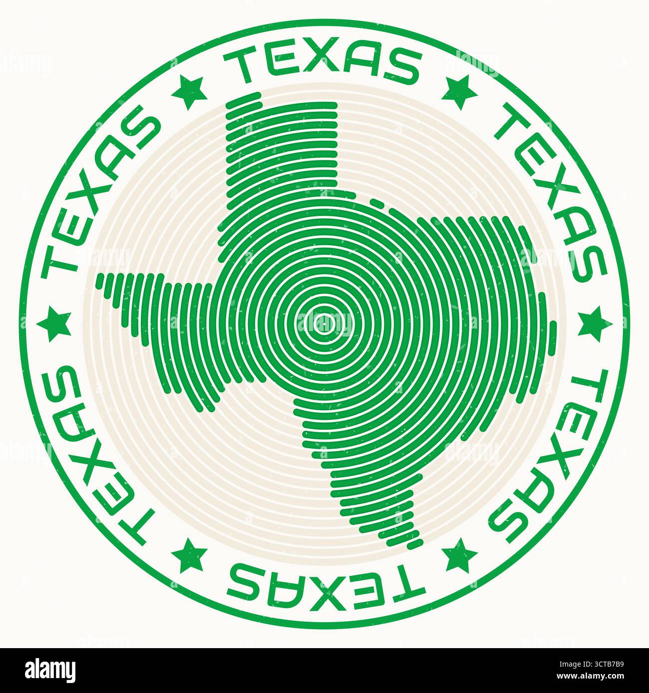 Mappa del Texas con titolo rotondo. Anelli sagomati. Testo del Texas intorno alla forma del confine dello stato. Illustrazione vettoriale artistica. Illustrazione Vettoriale