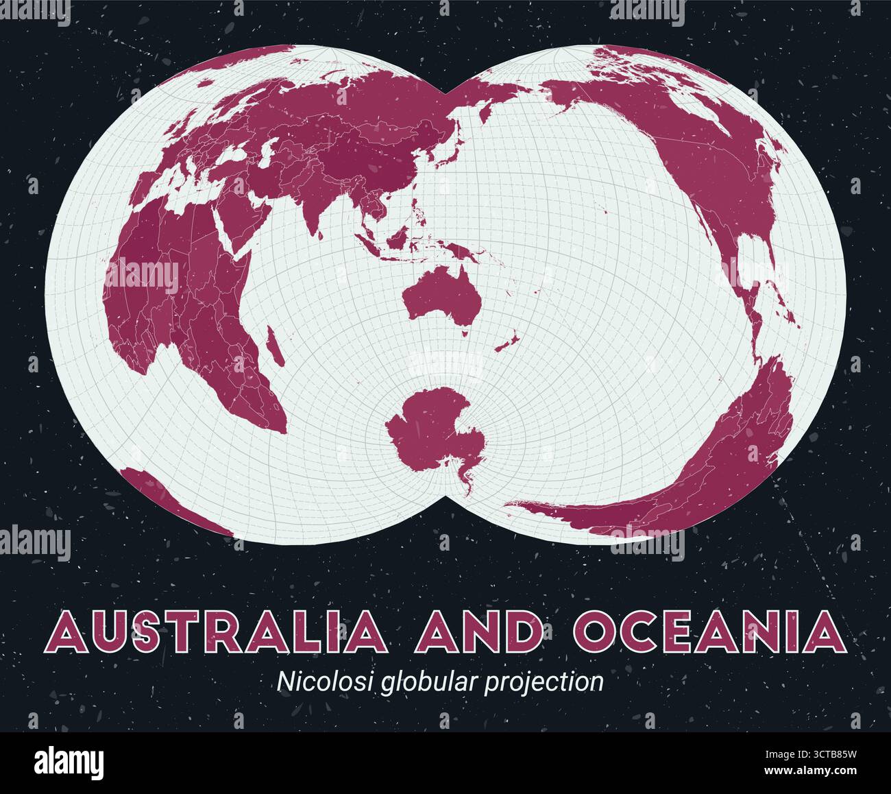 Australia e Oceania. Mappa del mondo. Proiezione globulare di Nicolosi incentrata sull'Australia e l'Oceania. Pallido color menta rosa scuro. Texture vintage. Illustrazione Vettoriale