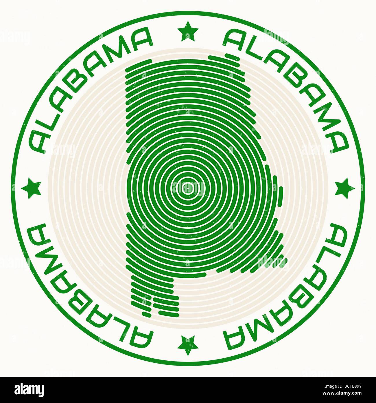 Mappa dell'Alabama con titolo rotondo. Anelli sagomati. Testo dell'Alabama intorno alla forma del confine dello stato. Illustrazione vettoriale creativa. Illustrazione Vettoriale