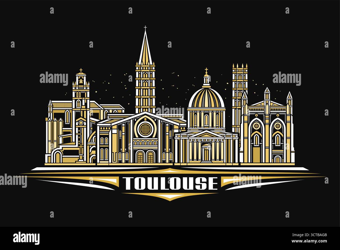 Illustrazione vettoriale di Tolosa, carta orizzontale scura con design lineare famoso paesaggio della città di tolosa sullo sfondo del cielo notturno, grafica urbana Illustrazione Vettoriale
